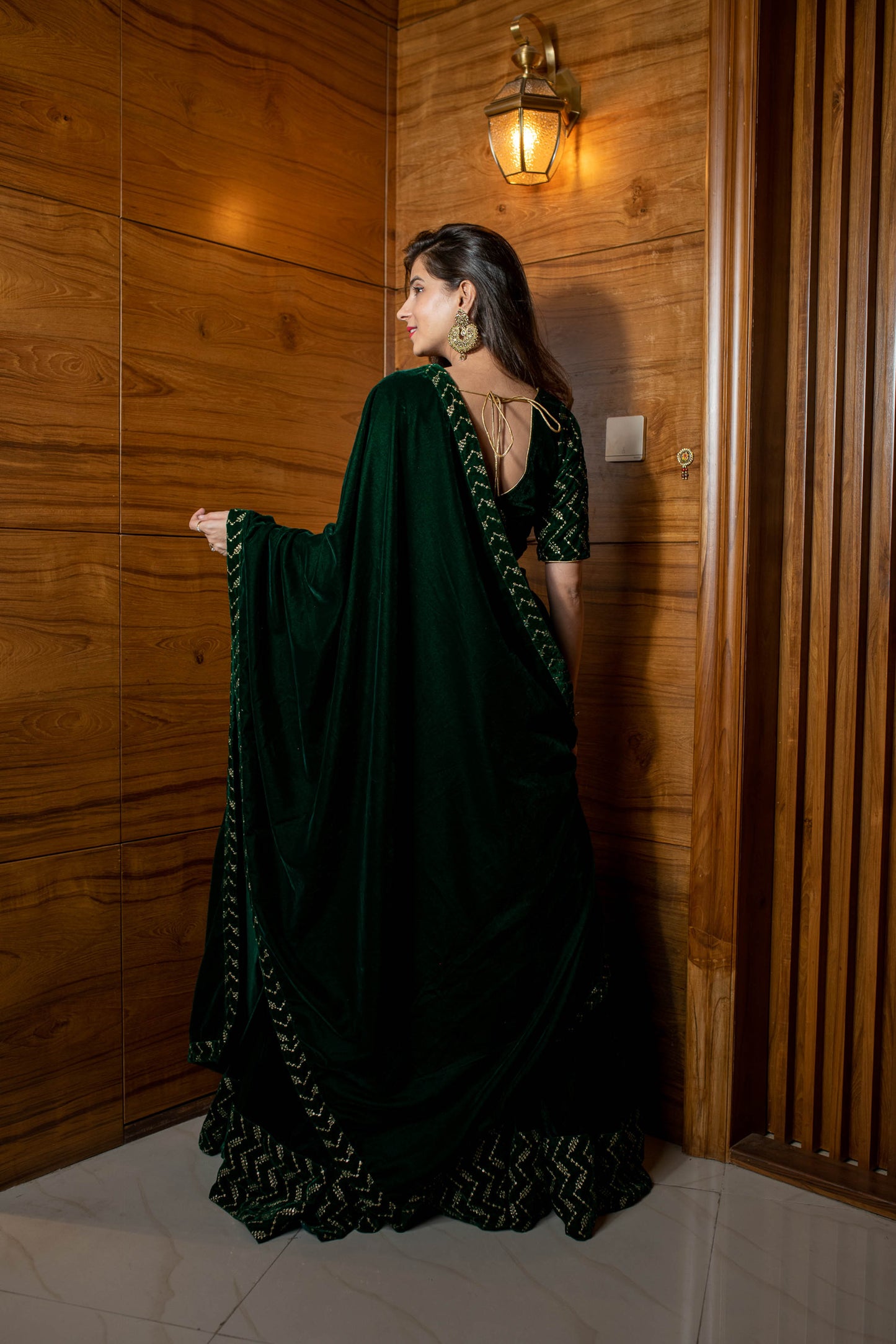 Women's Bottle Green Sequin And Zari Work Velvet Lehenga