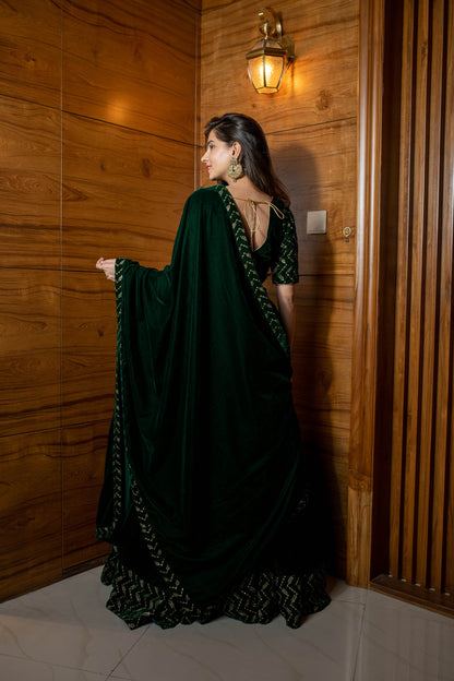 Women's Bottle Green Sequin And Zari Work Velvet Lehenga