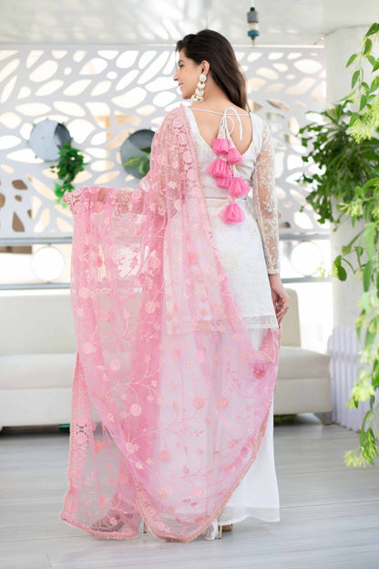 Women's White Palazzo Suit Set With Heavy Thread Work Pink Dupatta (3pcs Set)