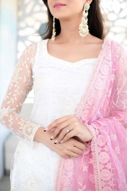 Women's White Palazzo Suit Set With Heavy Thread Work Pink Dupatta (3pcs Set)