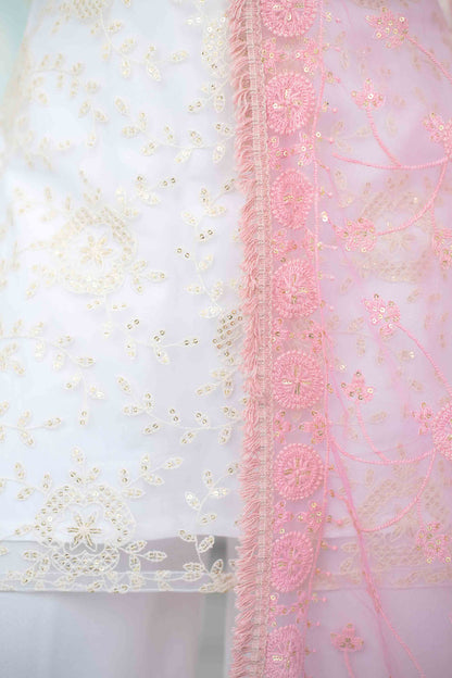 Women's White Palazzo Suit Set With Heavy Thread Work Pink Dupatta (3pcs Set)