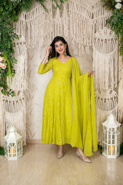 Women's Lime Green Embroidery Anarkali Set (3pc Set)