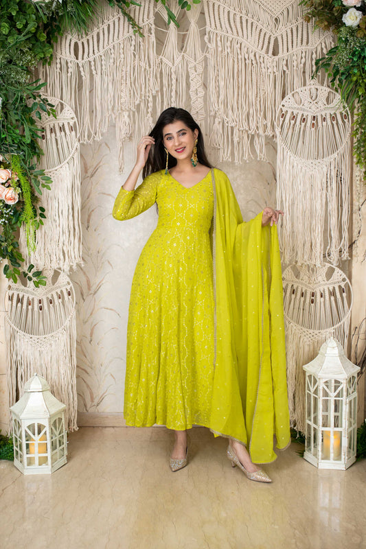 Women's Lime Green Embroidery Anarkali Set (3pc Set)