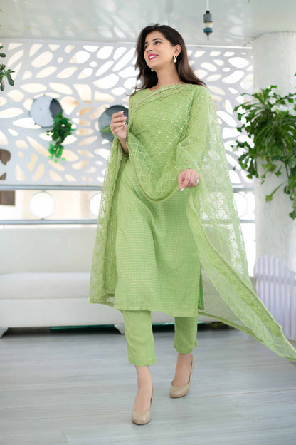 Women's Light Green Chanderi Suit Set With Heavy Net Dupatta (3pcs set)