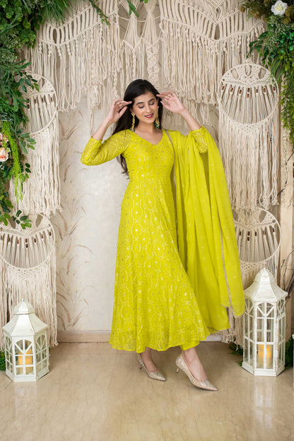 Women's Lime Green Embroidery Anarkali Set (3pc Set)