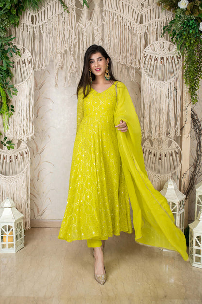 Women's Lime Green Embroidery Anarkali Set (3pc Set)