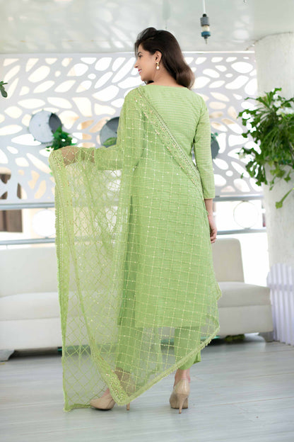Women's Light Green Chanderi Suit Set With Heavy Net Dupatta (3pcs set)