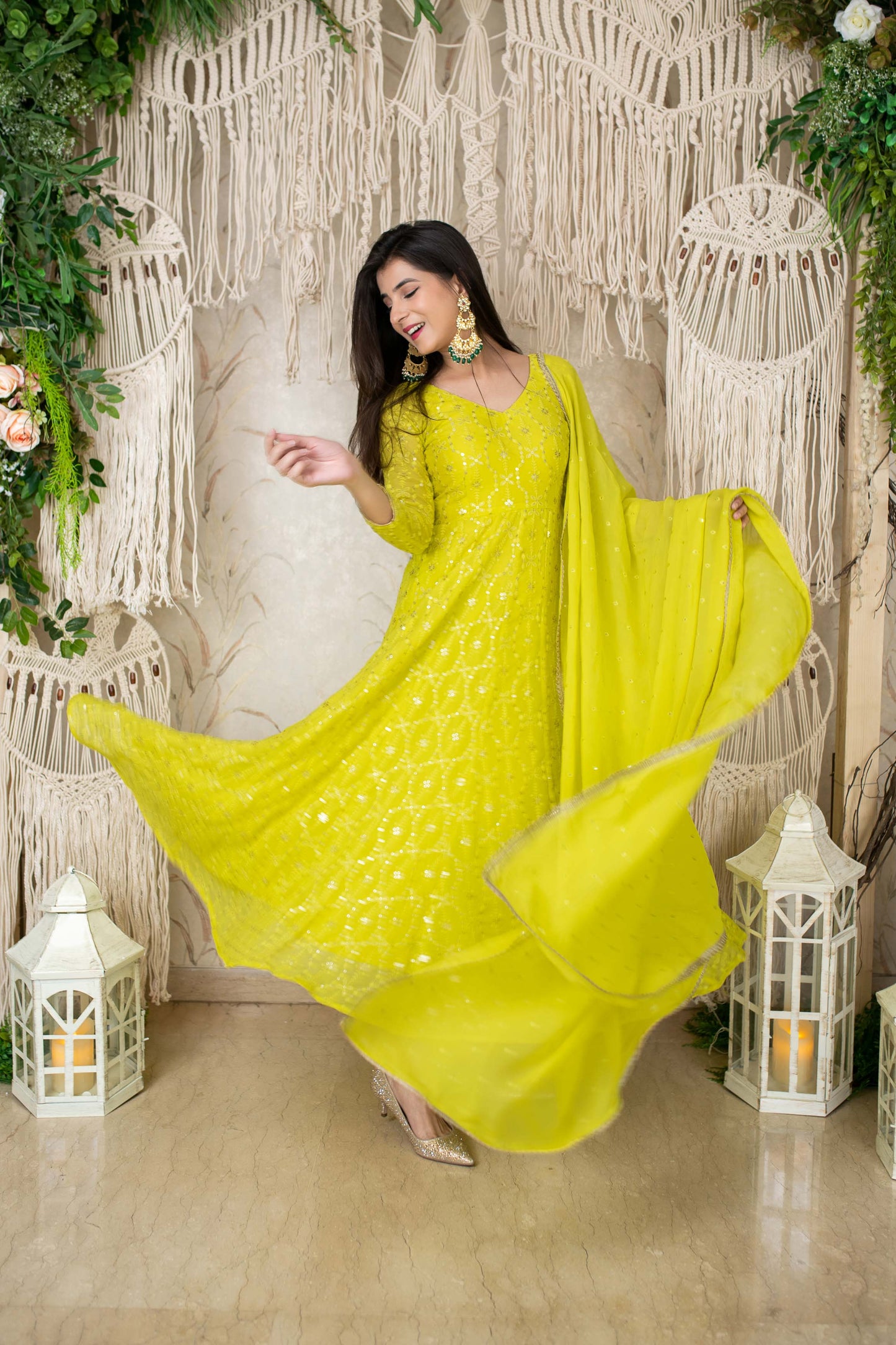 Women's Lime Green Embroidery Anarkali Set (3pc Set)