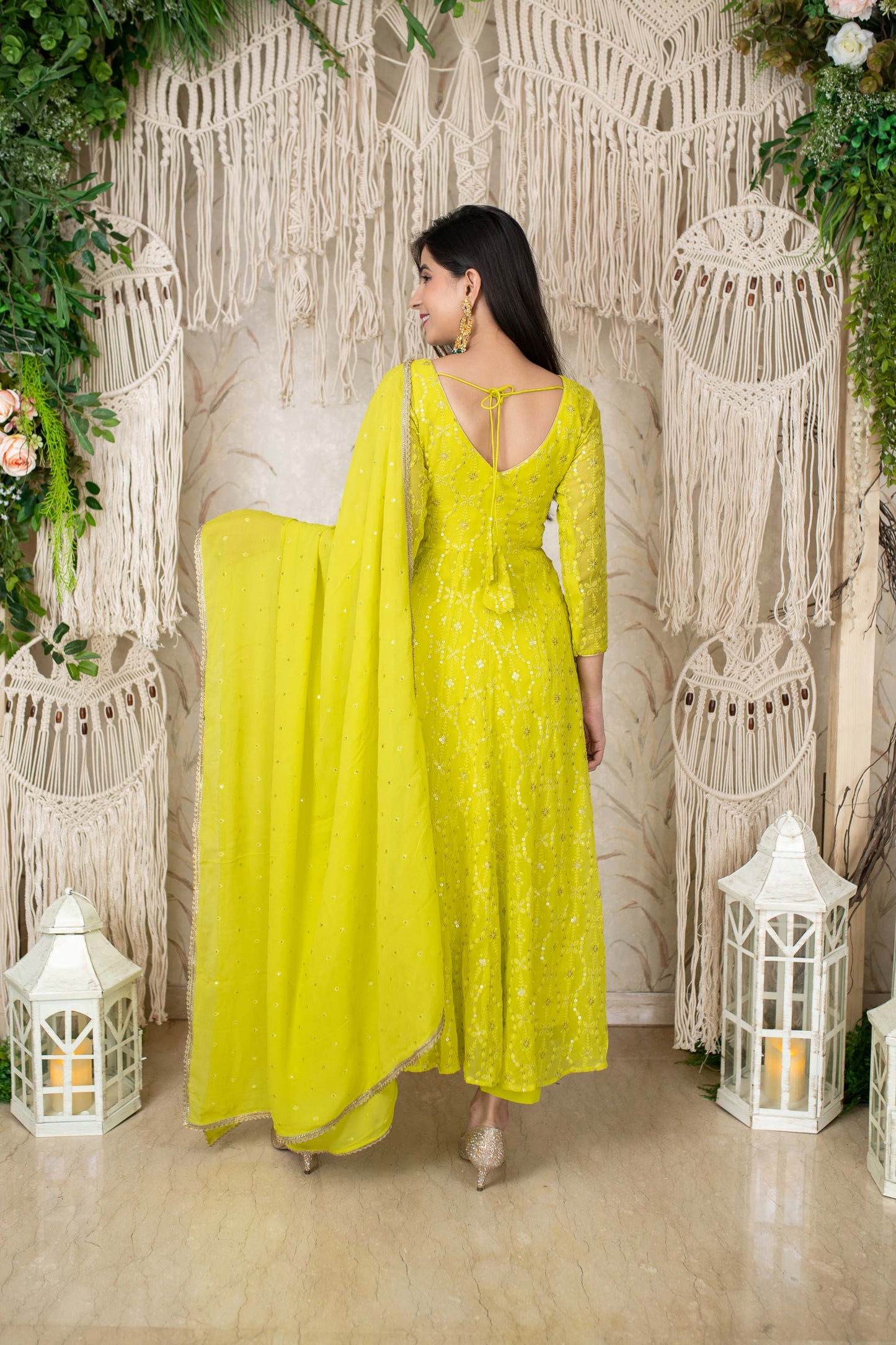 Women's Lime Green Embroidery Anarkali Set (3pc Set)