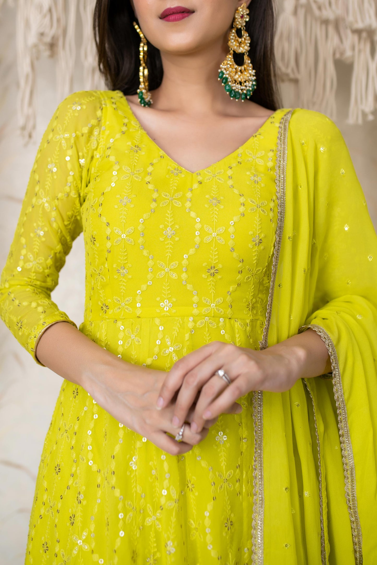Women's Lime Green Embroidery Anarkali Set (3pc Set)