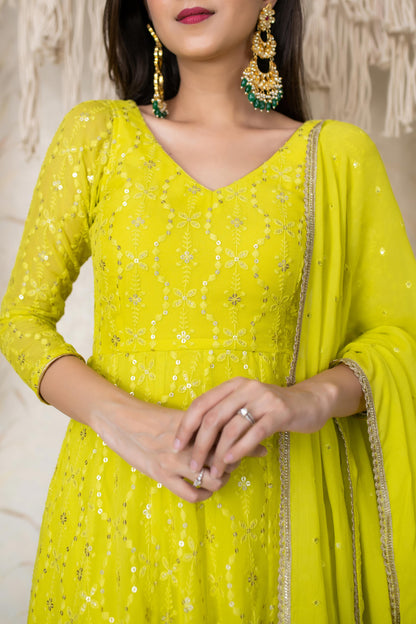 Women's Lime Green Embroidery Anarkali Set (3pc Set)