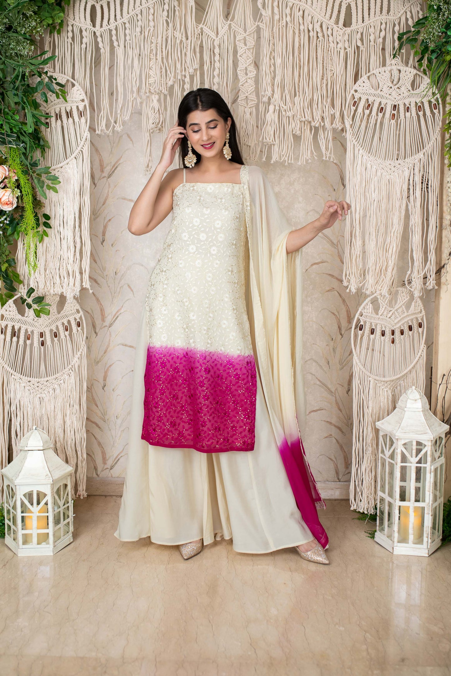 Women's Cream And Pink Kali Pallazo (3pcs Set)
