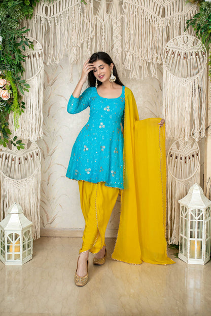 Women's Turquoise Yellow Tulip Dhoti (3pc Set)