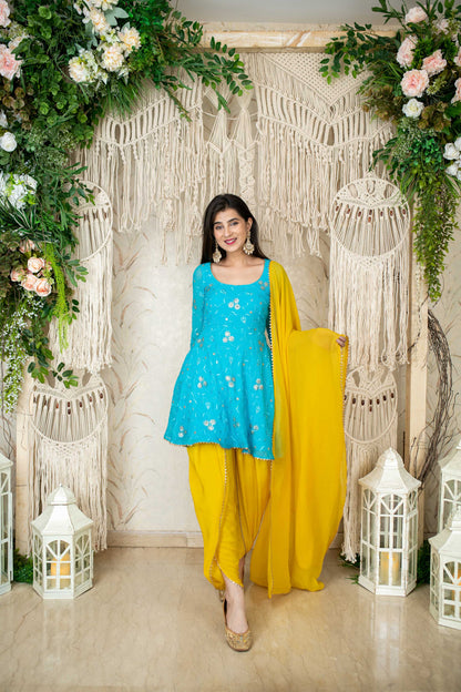 Women's Turquoise Yellow Tulip Dhoti (3pc Set)
