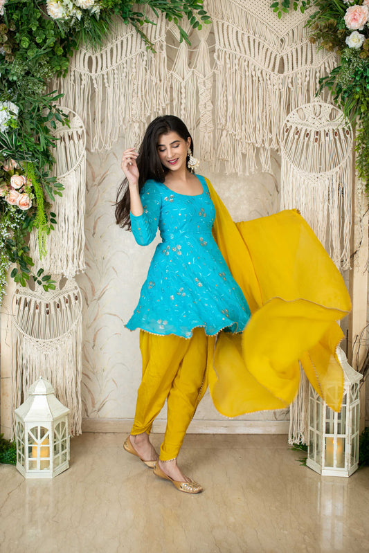 Women's Turquoise Yellow Tulip Dhoti (3pc Set)