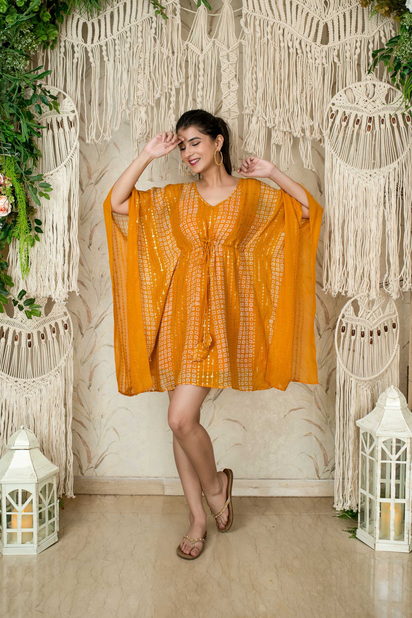 Women's Mustard Thread Work And Sequin Kaftan (1pc)