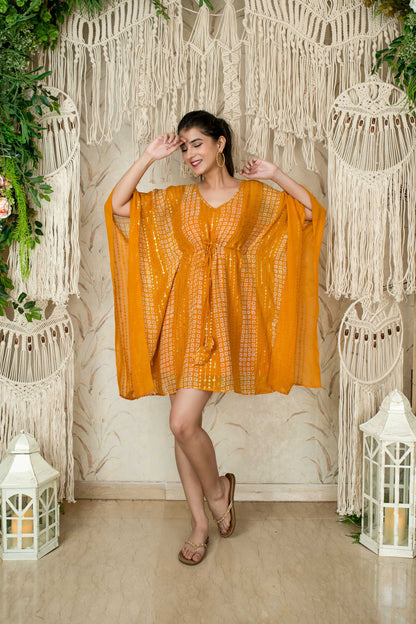 Women's Mustard Thread Work And Sequin Kaftan (1pc)