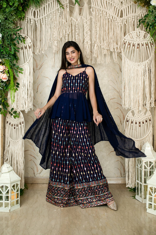 Women's Blue Paplum Thread Work Pallazo