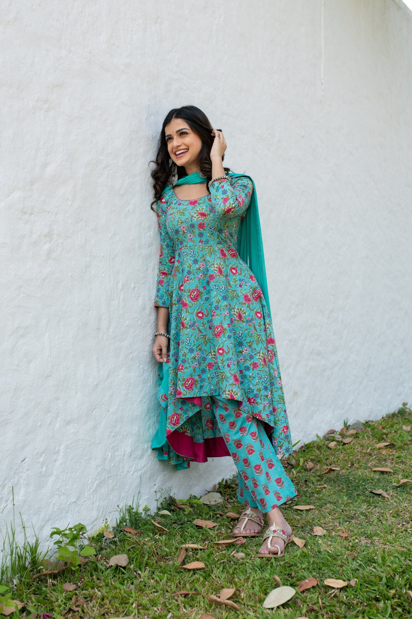 Women's Sea Green Floral Cotton Kurta Set