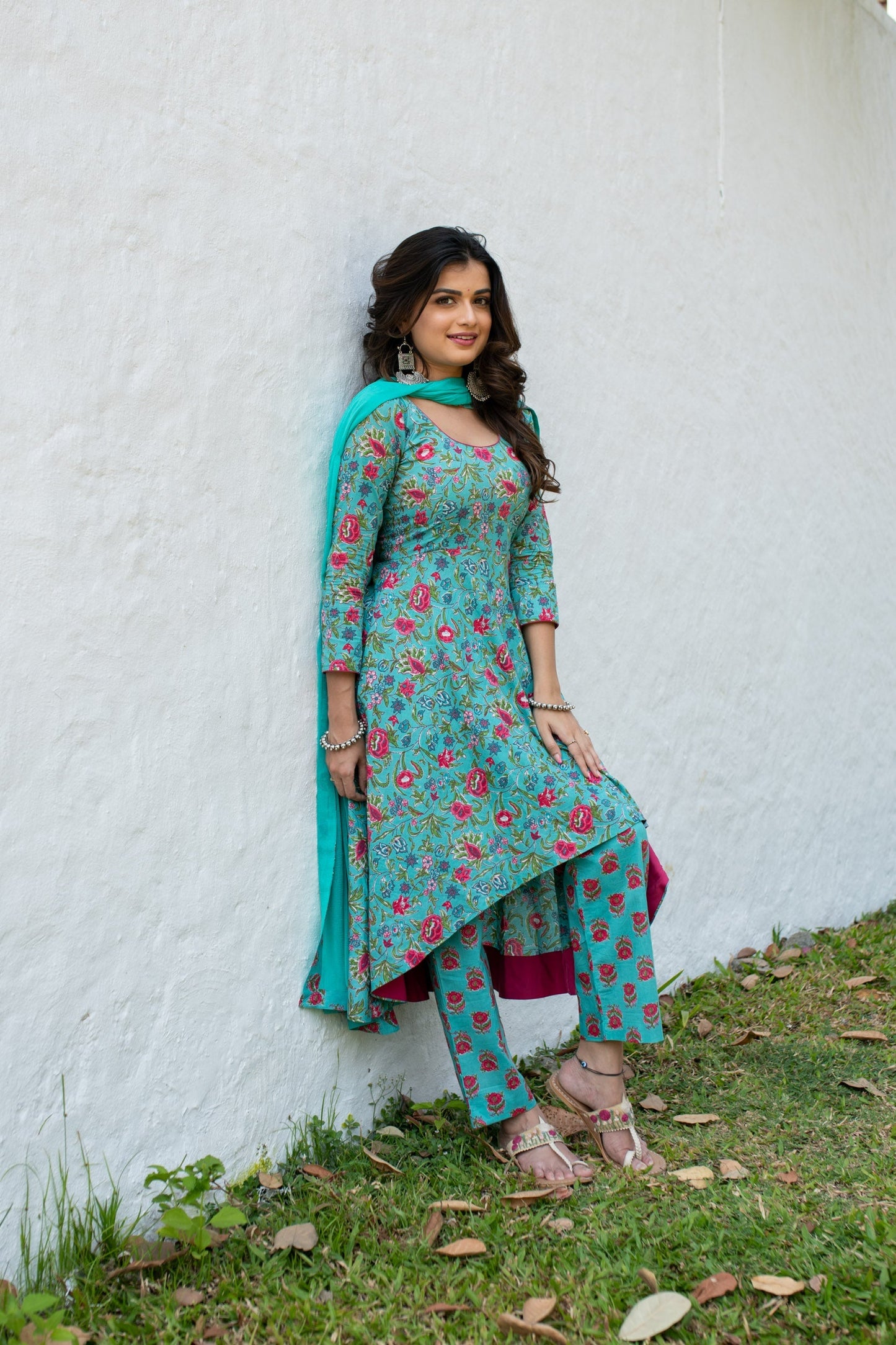 Women's Sea Green Floral Cotton Kurta Set