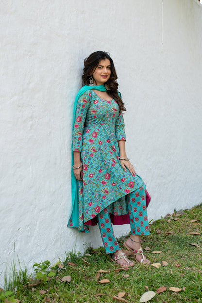 Women's Sea Green Floral Cotton Kurta Set