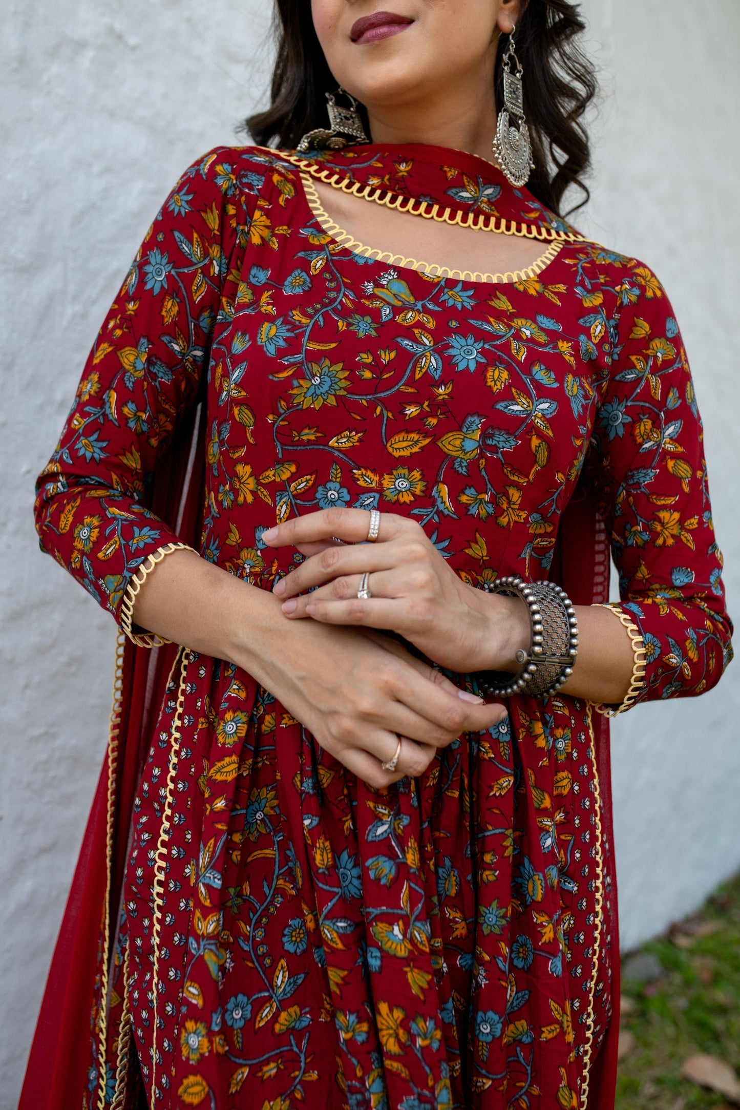 Women's Red Floral Cotton Kurta Set