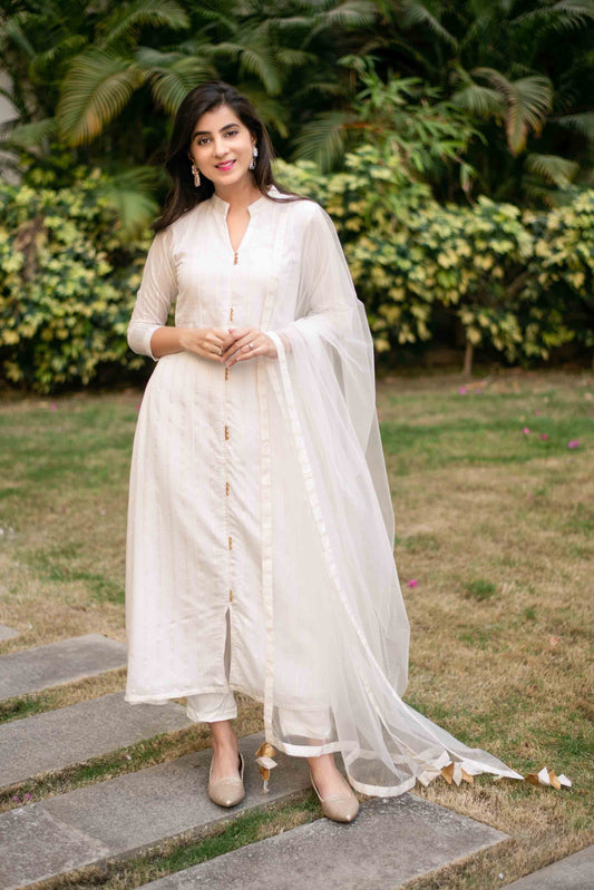 Women's White A-Line Chanderi Kurta Set With Dupatta (3pcs set)