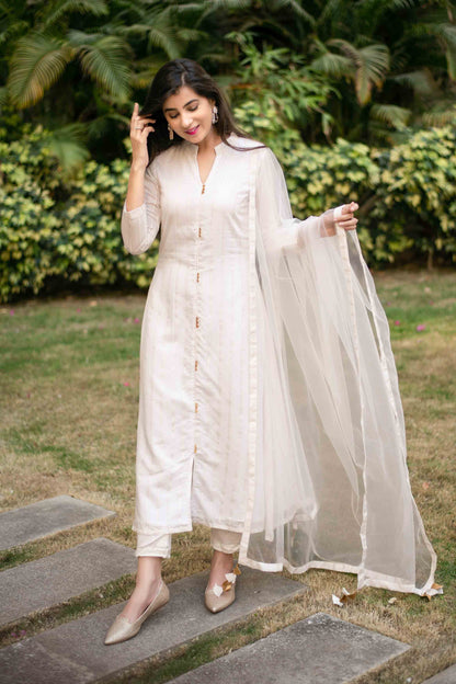 Women's White A-Line Chanderi Kurta Set With Dupatta (3pcs set)
