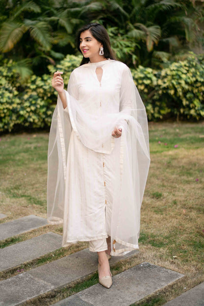Women's White A-Line Chanderi Kurta Set With Dupatta (3pcs set)
