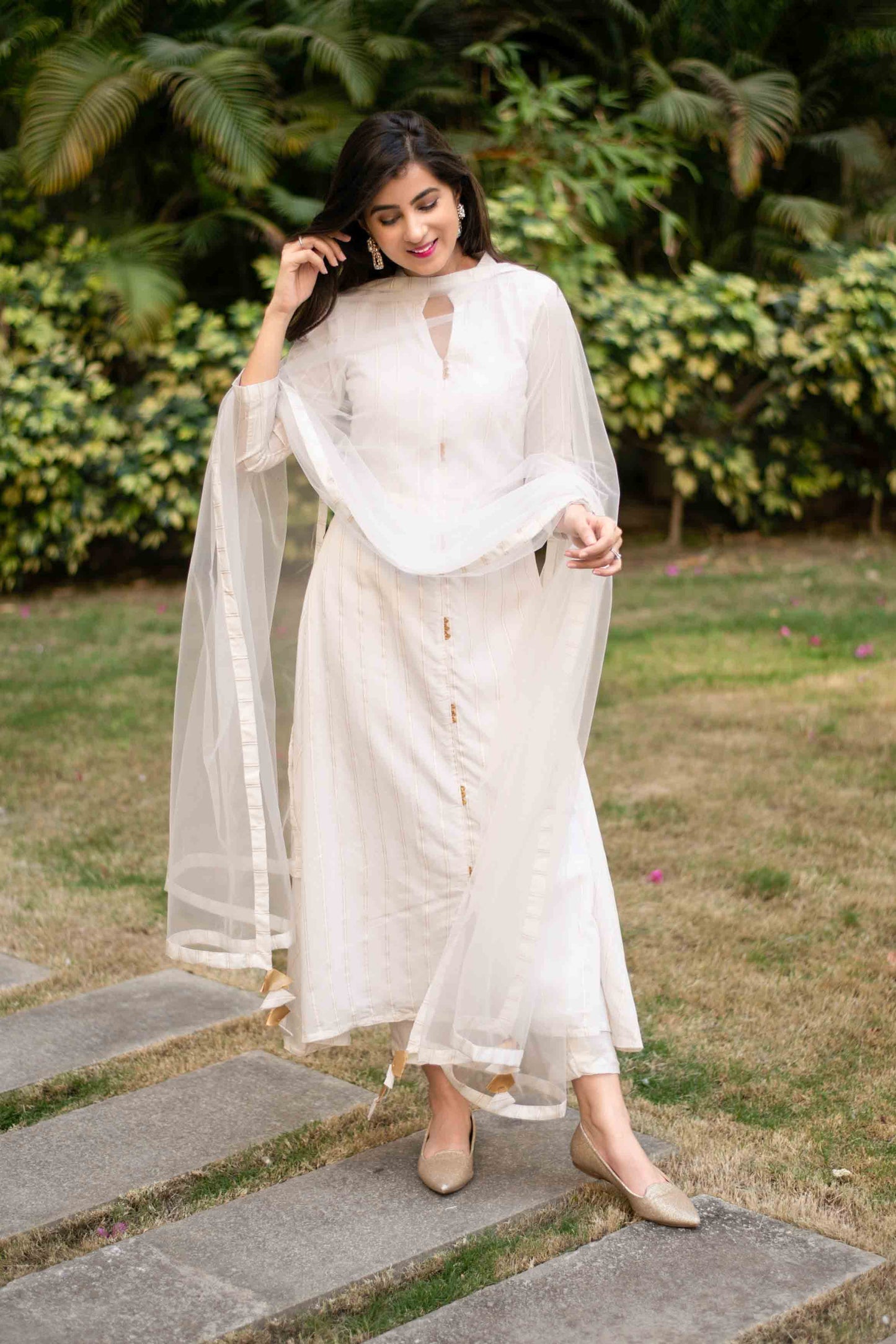 Women's White A-Line Chanderi Kurta Set With Dupatta (3pcs set)
