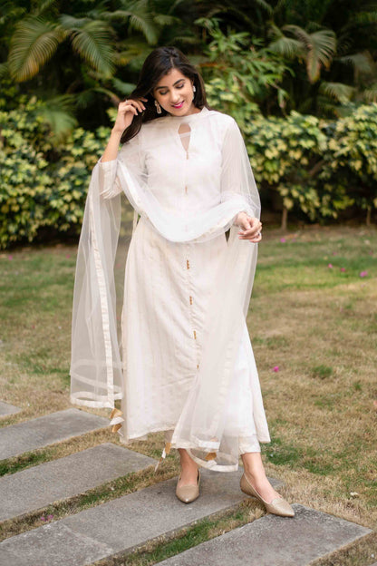 Women's White A-Line Chanderi Kurta Set With Dupatta (3pcs set)