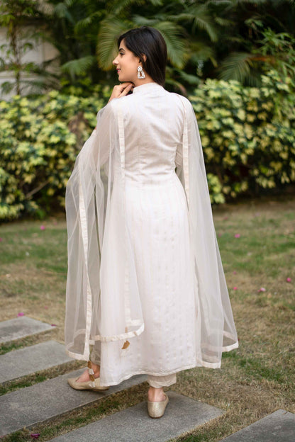 Women's White A-Line Chanderi Kurta Set With Dupatta (3pcs set)