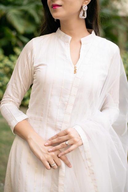 Women's White A-Line Chanderi Kurta Set With Dupatta (3pcs set)