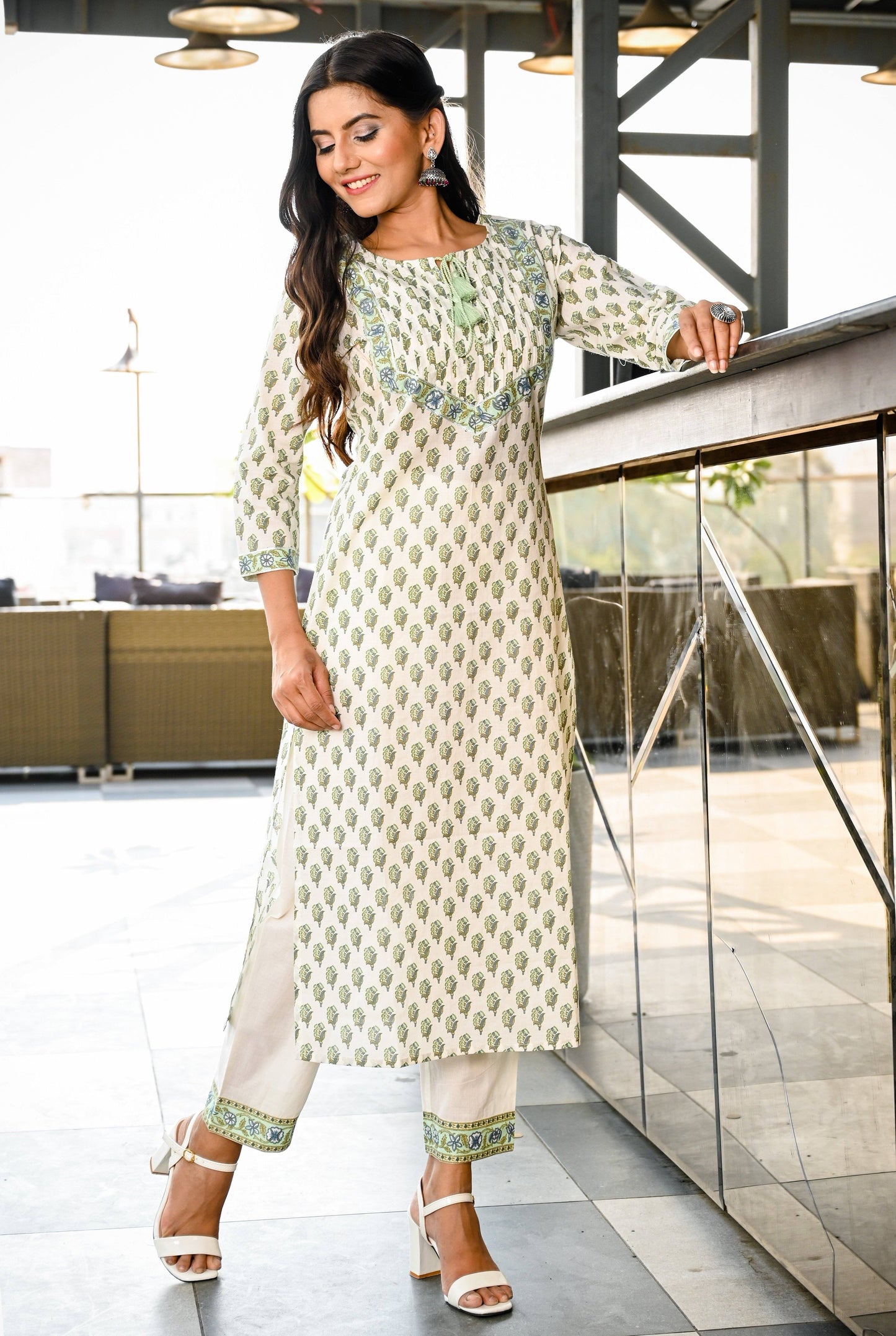 Women's White Handblock Kurta Set