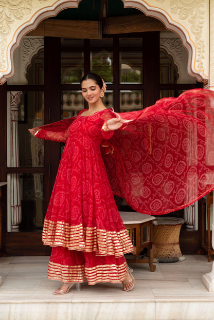 Women's Gulabi Galiyan Red Bandhej Georgette Gota Patti Anarkali Set With Georgette Dupatta