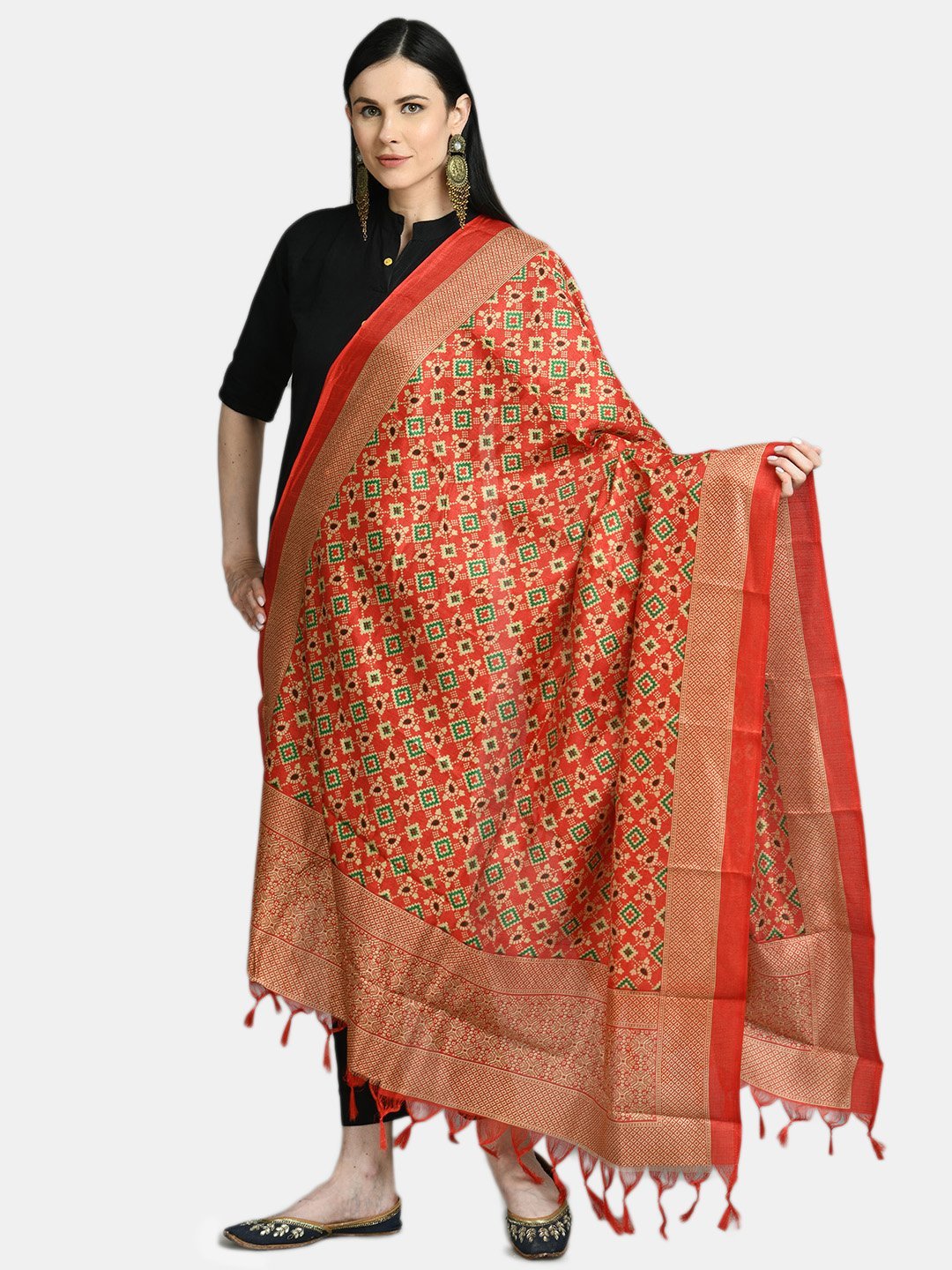 Women's Red Printed Casual Silk Blend Dupatta