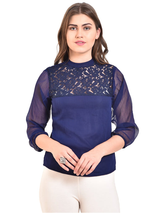 Women's Blue Printed 3/4 Sleeve Round Crepe Casual Top