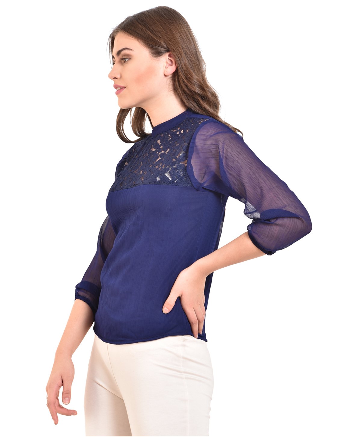 Women's Blue Printed 3/4 Sleeve Round Crepe Casual Top