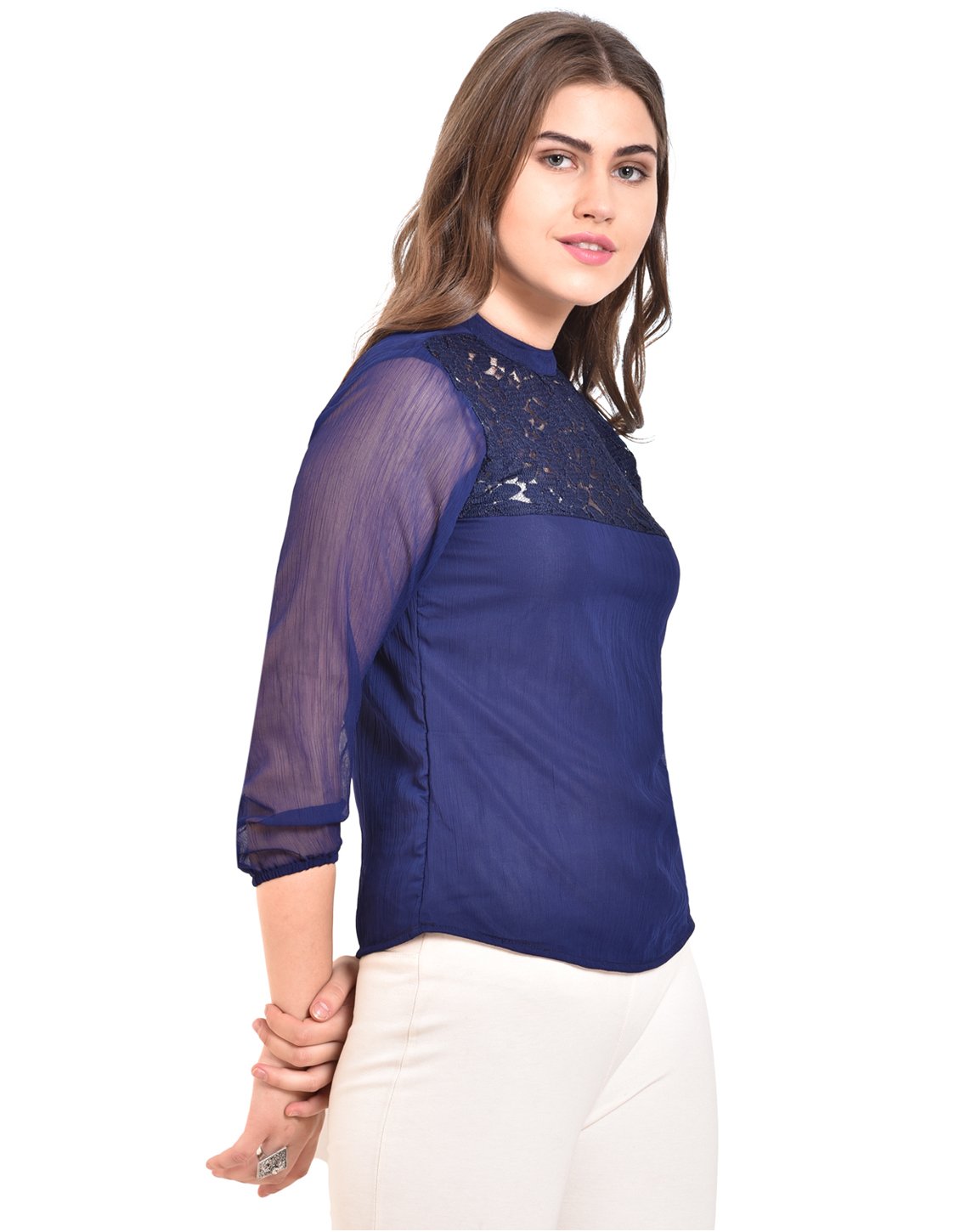 Women's Blue Printed 3/4 Sleeve Round Crepe Casual Top