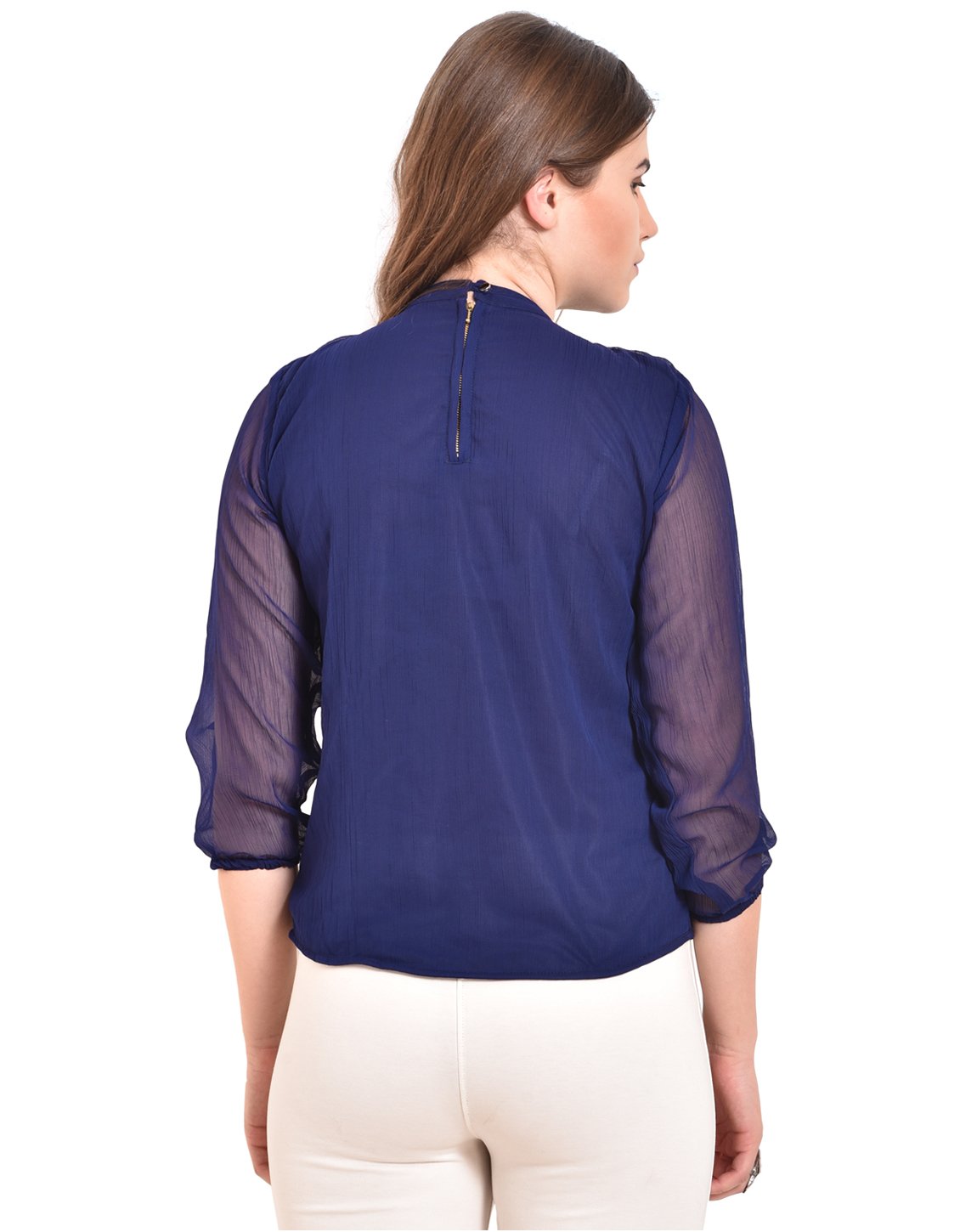 Women's Blue Printed 3/4 Sleeve Round Crepe Casual Top