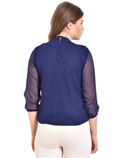 Women's Blue Printed 3/4 Sleeve Round Crepe Casual Top