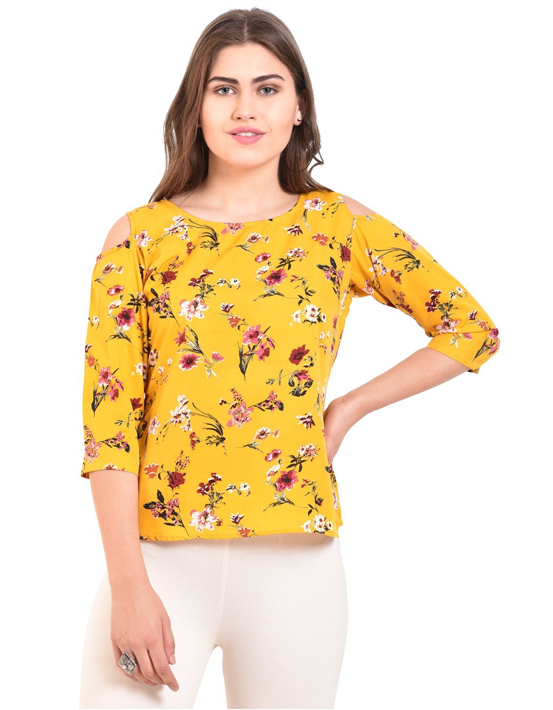 Women's Yellow Printed 3/4 Sleeve Round Crepe Casual Top