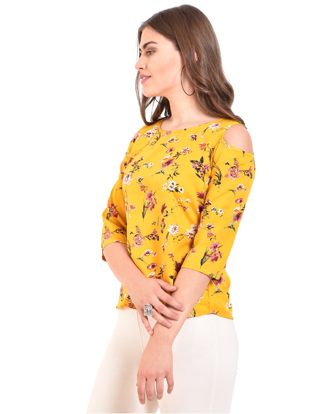 Women's Yellow Printed 3/4 Sleeve Round Crepe Casual Top
