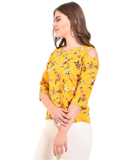 Women's Yellow Printed 3/4 Sleeve Round Crepe Casual Top