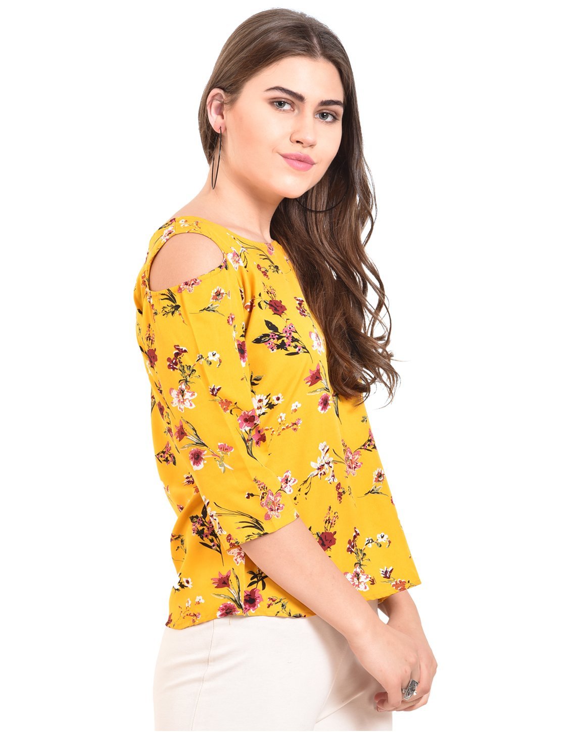 Women's Yellow Printed 3/4 Sleeve Round Crepe Casual Top