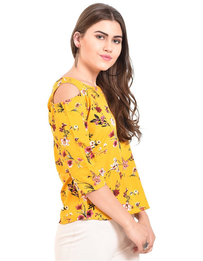 Women's Yellow Printed 3/4 Sleeve Round Crepe Casual Top
