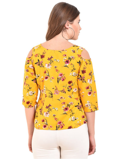 Women's Yellow Printed 3/4 Sleeve Round Crepe Casual Top