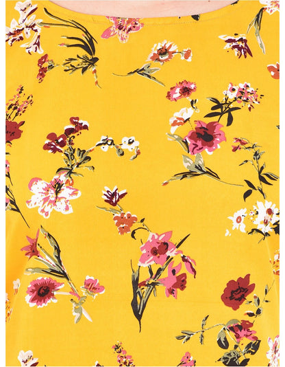 Women's Yellow Printed 3/4 Sleeve Round Crepe Casual Top