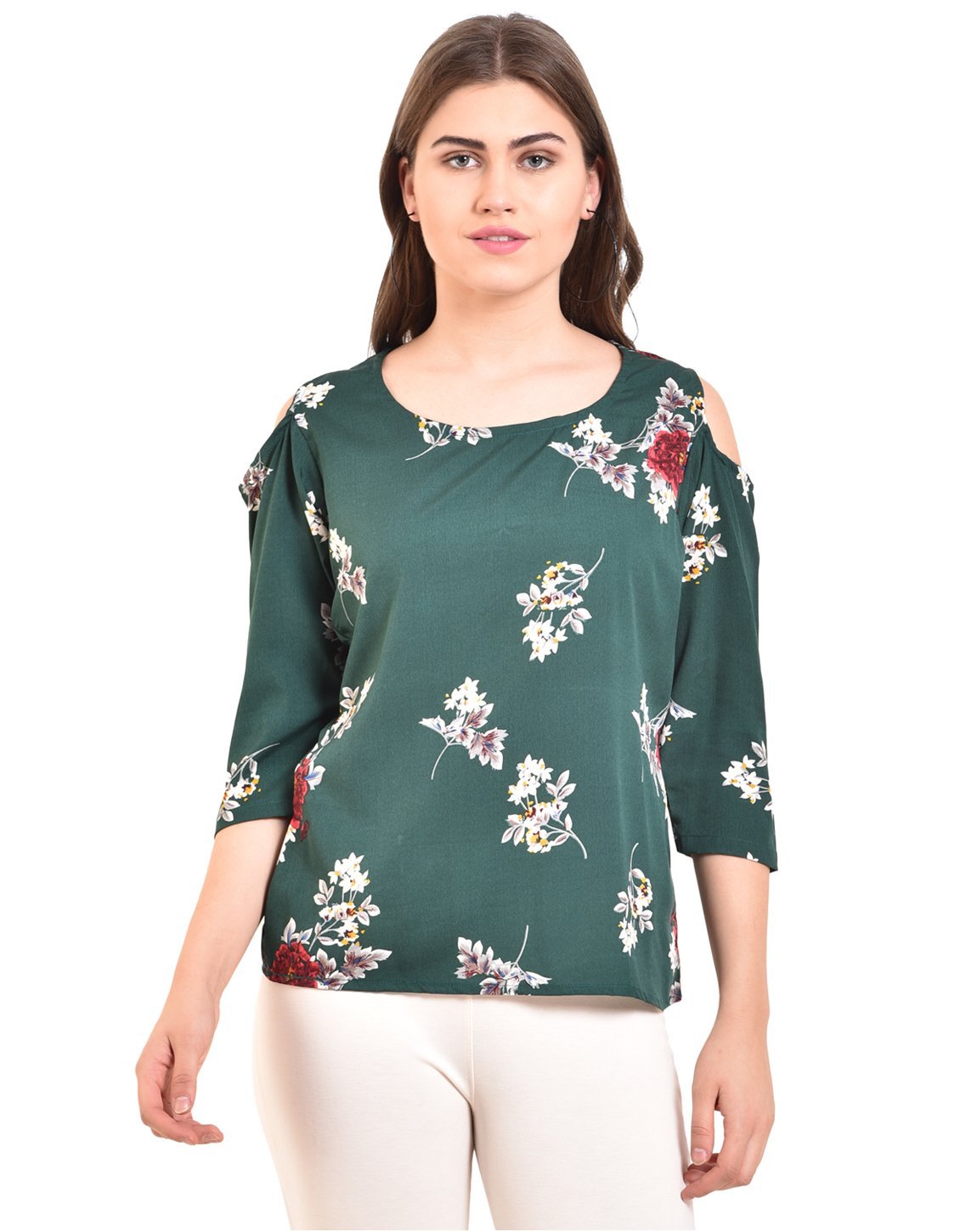 Women's Green Printed 3/4 Sleeve Round Crepe Casual Top