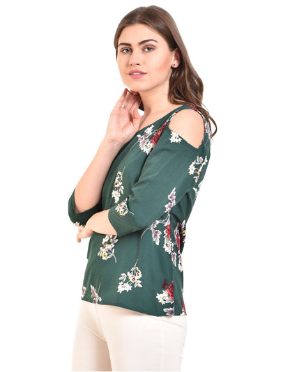 Women's Green Printed 3/4 Sleeve Round Crepe Casual Top